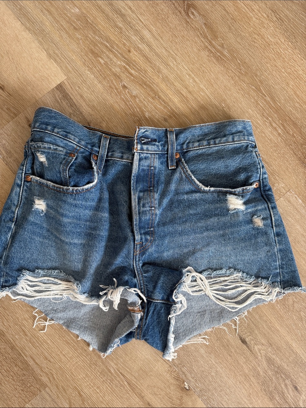 Levi's Blue High-Rise Distressed Denim Cutoff Shorts